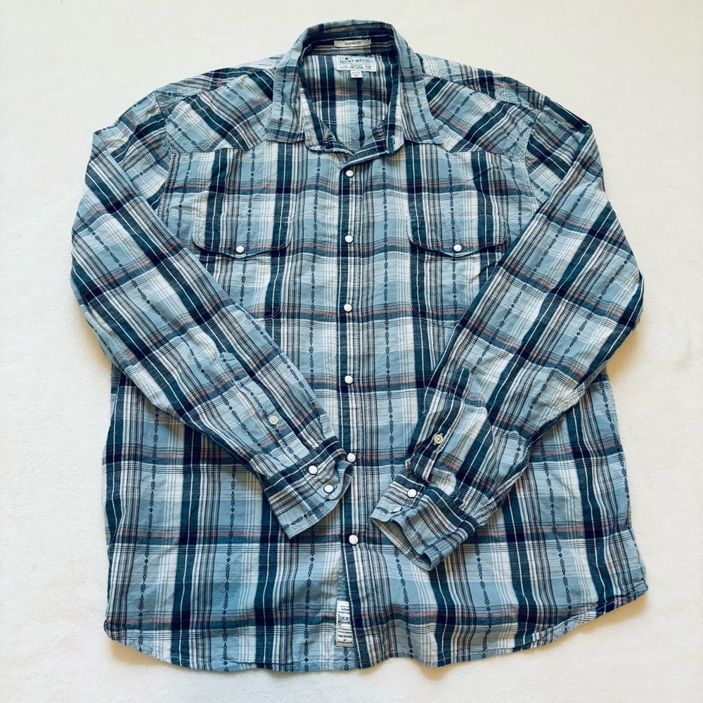 Lucky Brand Shirt Mens XXL‎ Blue White Plaid Pearl Snap Western Long Sleeve